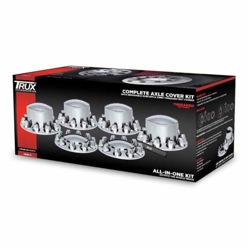 Complete Axle Cover Kit with Removable Hubcaps & 33mm Threaded Nut Covers – Dome Hubcaps | Chrome ABS Plastic