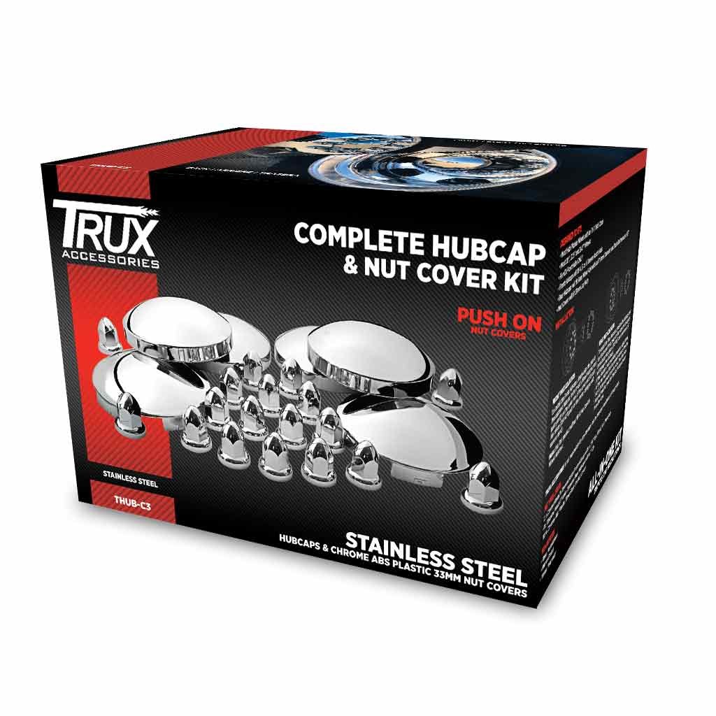 Complete Hubcap & Nut Cover Kit – 33mm Push On Nut Covers | Dome Hubcaps | Stainless Steel