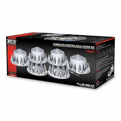 Complete Axle Cover Kit with Removable Hubcaps & 33mm Threaded Pointed Nut Covers – Pointed Hubcaps | Chrome ABS Plastic