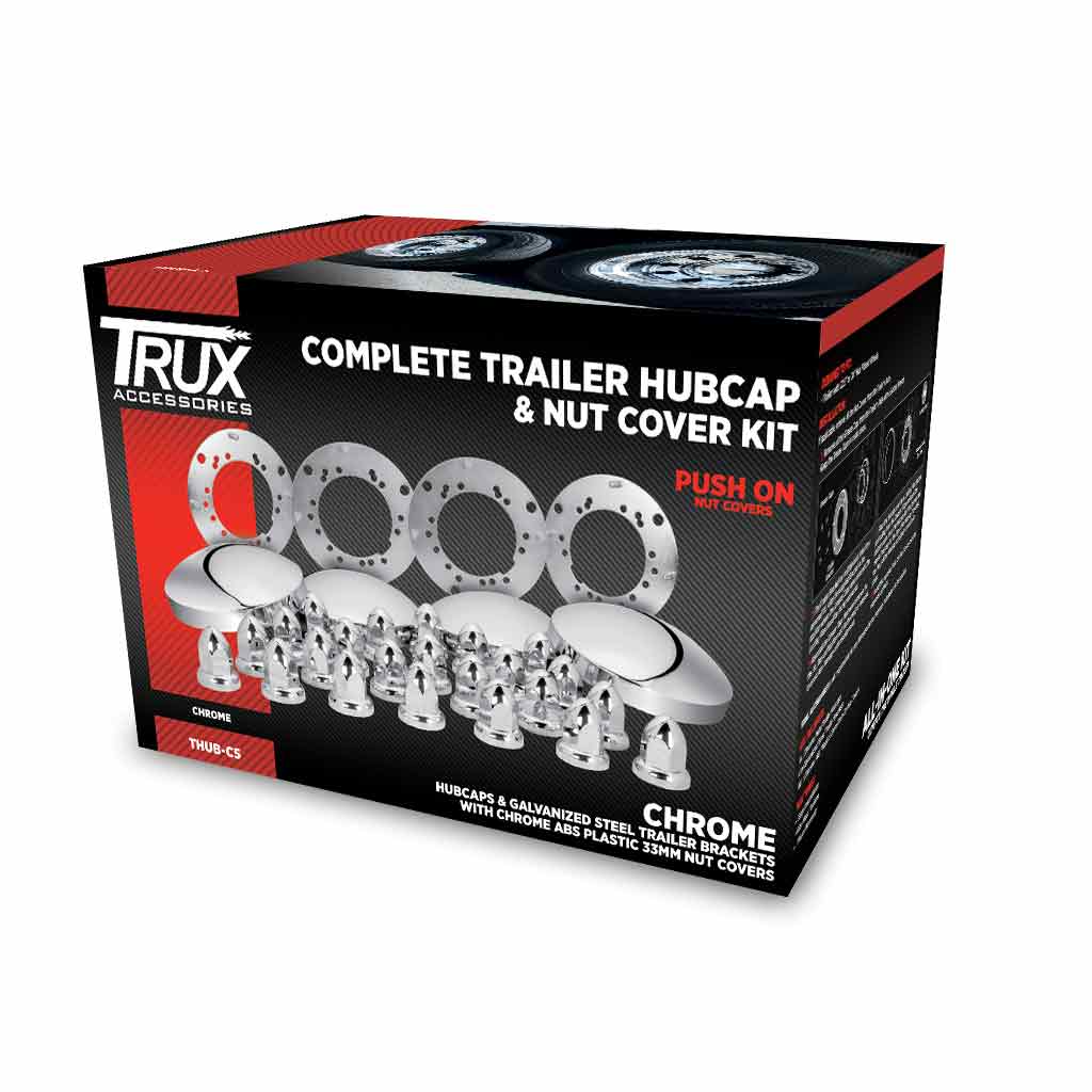 Complete Trailer Hubcap & Nut Cover Kit – 33mm Push On Nut Covers | Dome Hubcaps | Chrome Metal