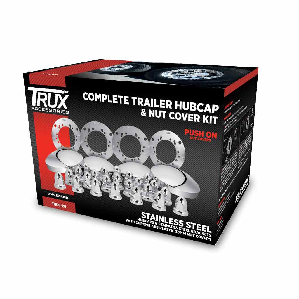 Complete Trailer Hubcap & Nut Cover Kit – 33mm Push On Nut Covers | Dome Hubcaps | Stainless Steel
