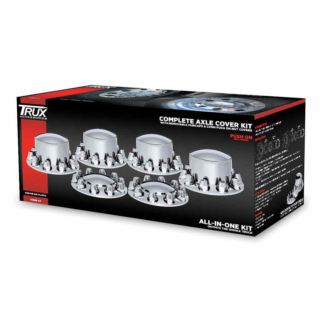 Complete Axle Cover Kit with Removable Hubcaps & 33mm Push On Nut Covers – Dome Hubcaps | Chrome ABS Plastic