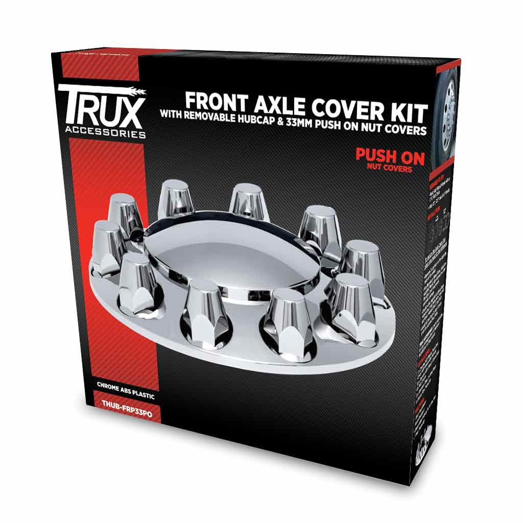 Front Axle Cover Kit with Removable Hubcap & 33mm Push On Nut Covers – Pointed Hubcap & Nut Covers | Chrome ABS Plastic