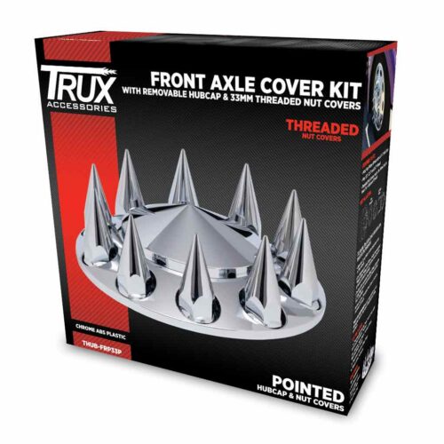 Front Axle Cover Kit with Removable Hubcap & 33mm Threaded Nut Covers – Pointed Hubcap & Nut Covers | Chrome ABS Plastic