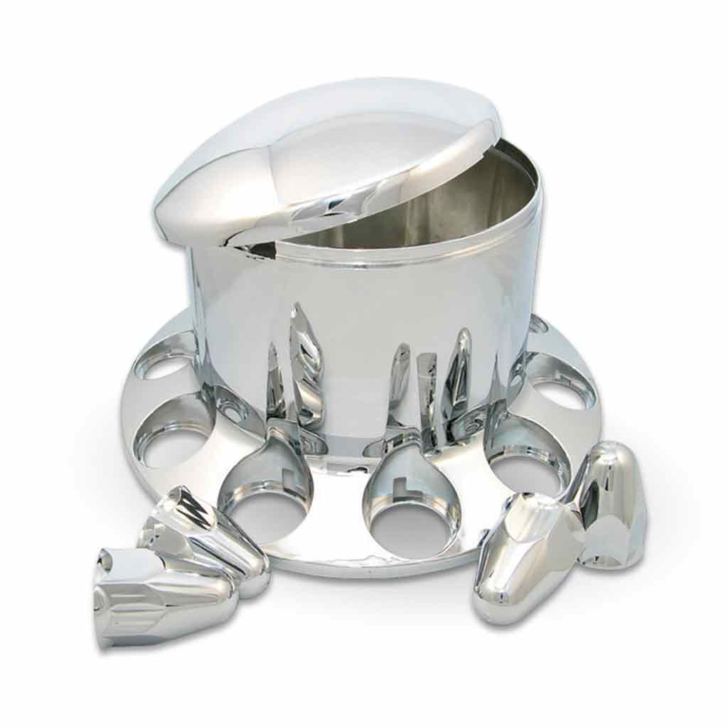 Rear Axle Cover Kit with Removable Hubcap & 1 1/2″ Push-On Nut Covers – Dome Hubcap | Chrome ABS Plastic