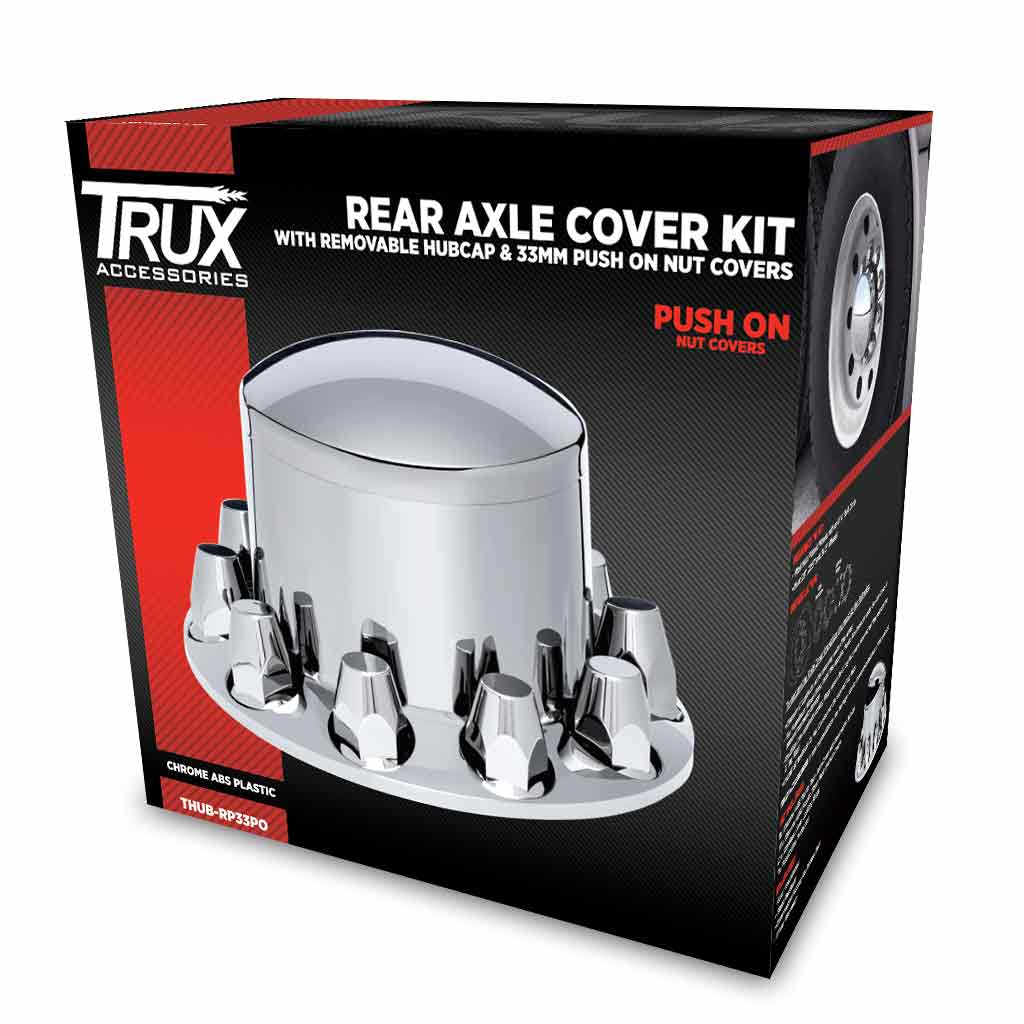 Rear Axle Cover Kit with Removable Hubcap & 33mm Push On Nut Covers – Dome Hubcap | Chrome ABS Plastic