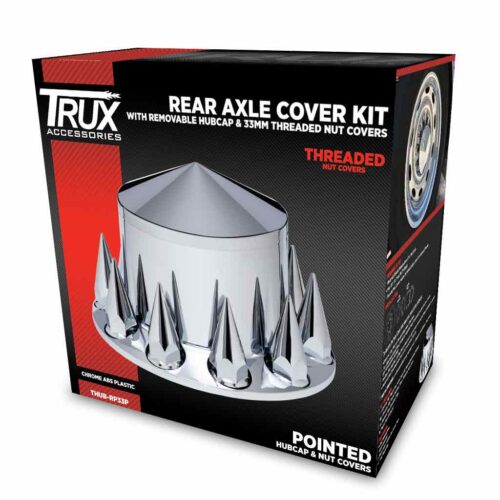 Rear Axle Cover Kit with Removable Hubcap & 33mm Threaded Nut Covers – Pointed Hubcap | Chrome ABS Plastic