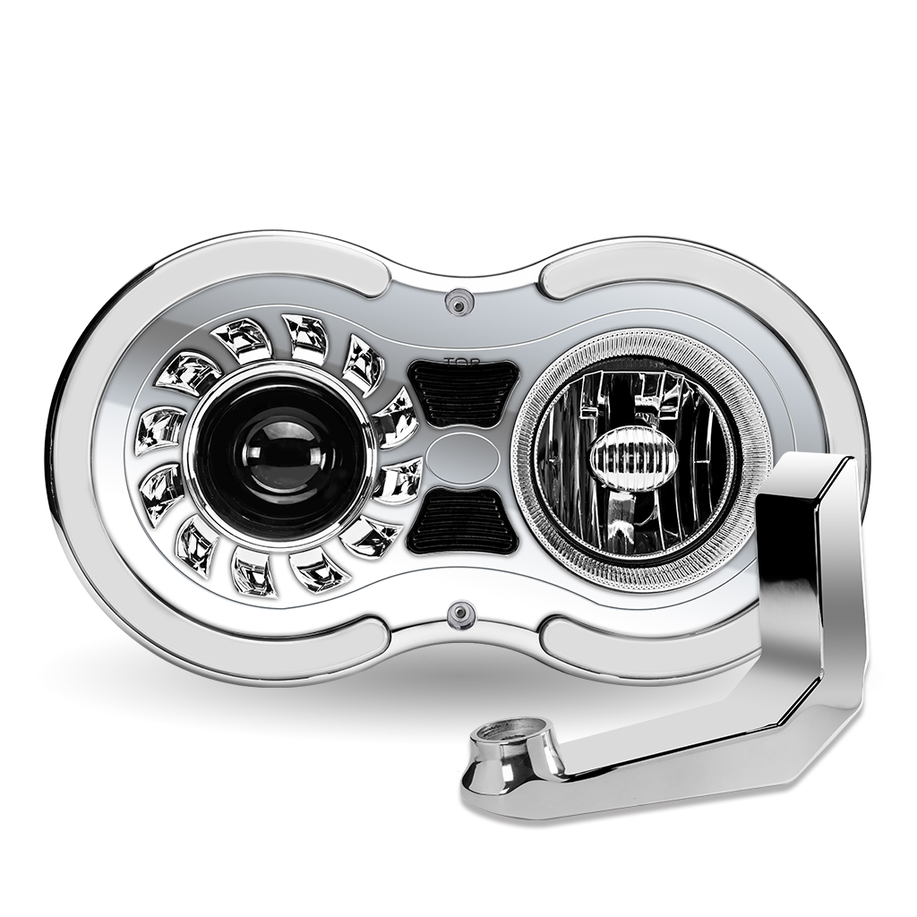 “Retro Series” LED Projector Headlight Assembly with Glow Position & Marker LED Accents & Mounting Bracket – Chrome (Driver Side)