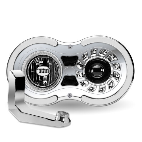 “Retro Series” LED Projector Headlight Assembly with Glow Position & Marker LED Accents & Mounting Bracket – Chrome (Passenger Side)
