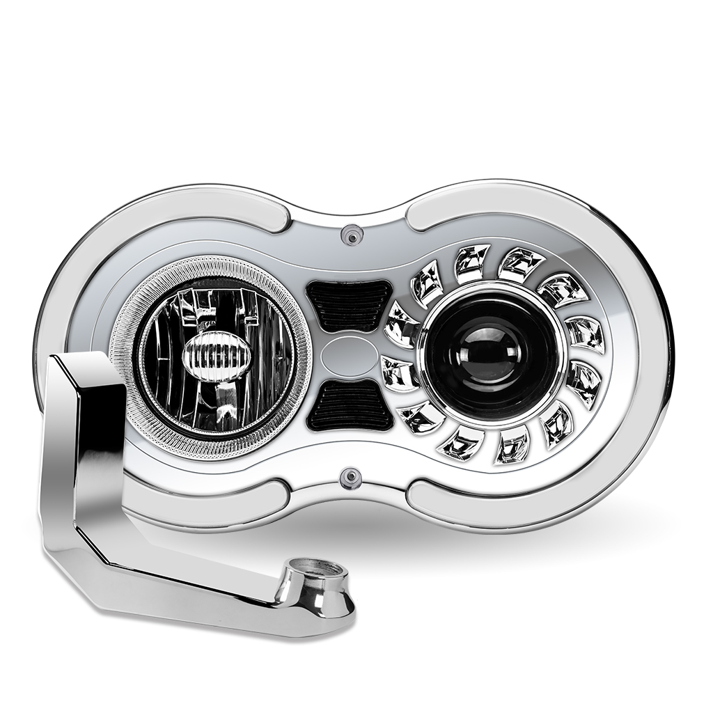 “Retro Series” LED Projector Headlight Assembly with Glow Position & Marker LED Accents & Mounting Bracket – Chrome (Passenger Side)