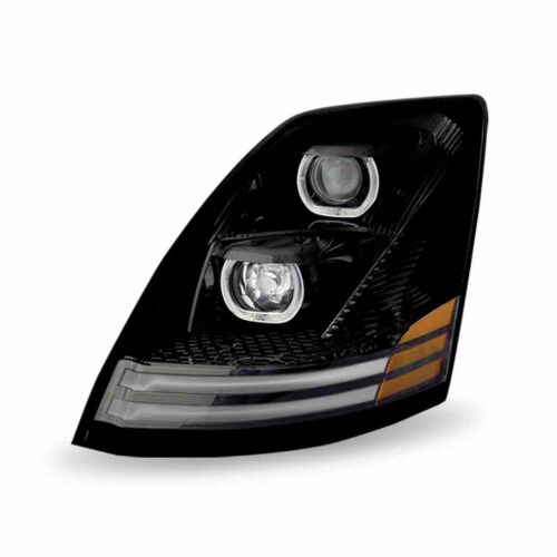 Volvo VN/VNL LED Projector Headlight Assembly with LED Glow Position, Turn & Marker Accents – Black (Driver Side)