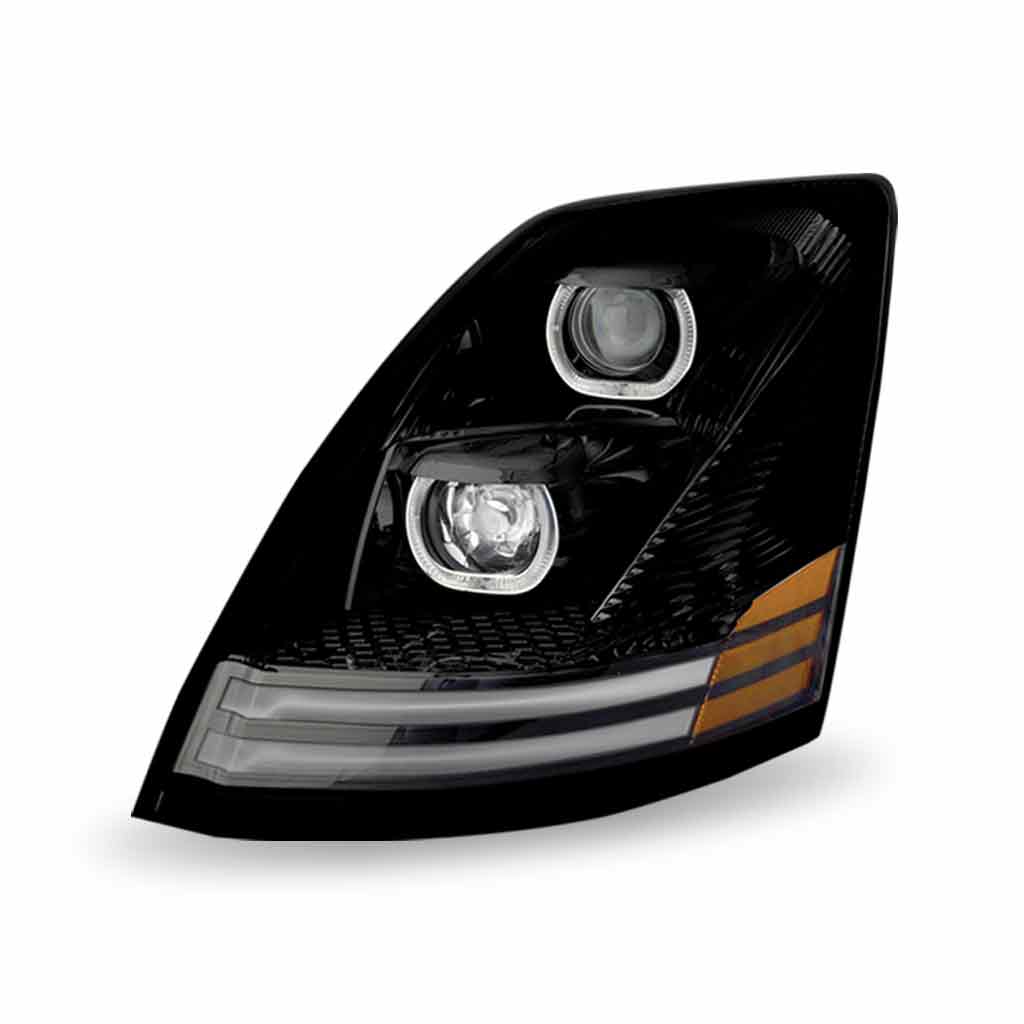 Volvo VN/VNL LED Projector Headlight Assembly with LED Glow Position, Turn & Marker Accents – Black (Driver Side)