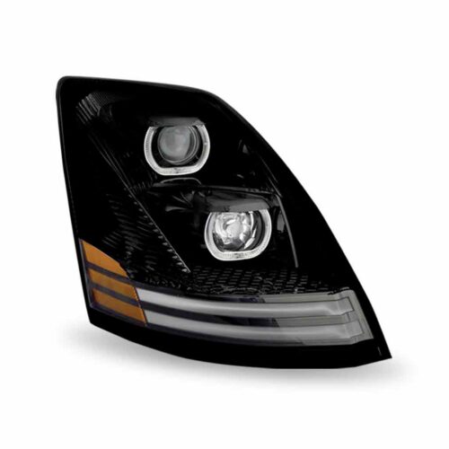 Volvo VN/VNL LED Projector Headlight Assembly with LED Glow Position, Turn & Marker Accents – Black (Passenger Side)