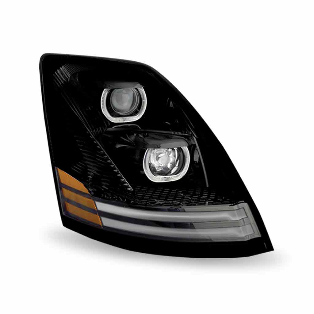 Volvo VN/VNL LED Projector Headlight Assembly with LED Glow Position, Turn & Marker Accents – Black (Passenger Side)