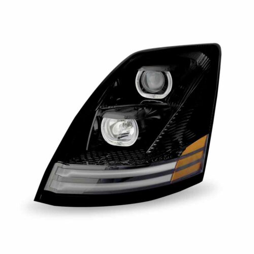 Volvo VN/VNL Halogen Projector Headlight Assembly with LED Glow Position, Turn & Marker Accents – Black (Driver Side)