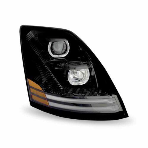 Volvo VN/VNL Halogen Projector Headlight Assembly with LED Glow Position, Turn & Marker Accents – Black (Passenger Side)