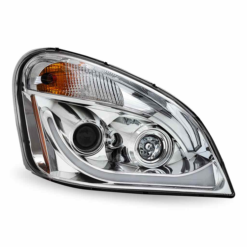 FTL. Cascadia LED Projector Headlight Assembly with LED Glow Position, Turn & Marker Accent – Chrome (Passenger Side)
