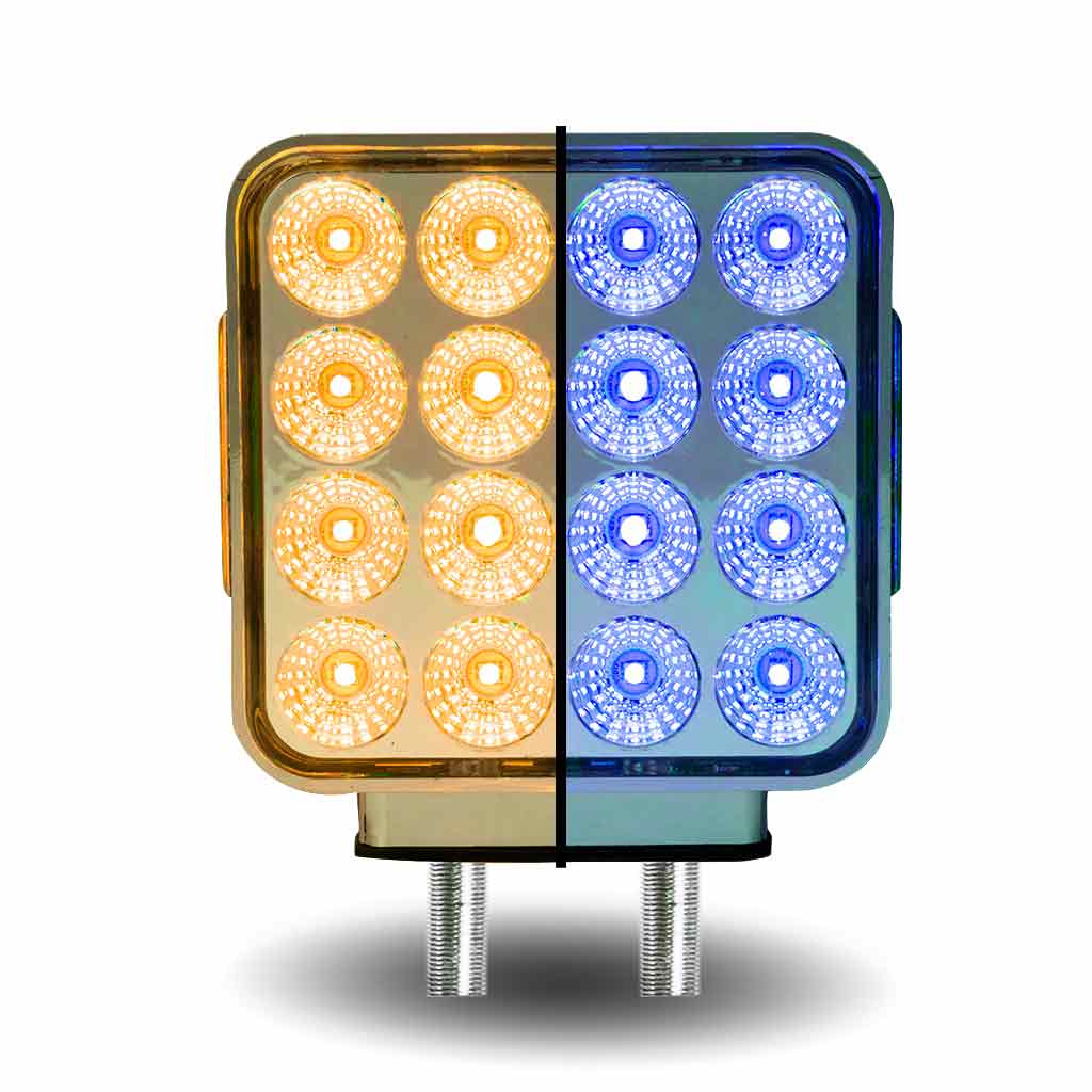 Amber/Red Turn & Marker to Blue Auxiliary Square Reflector Double Face LED Light – Double Post | 38 Diodes | Clear Lens