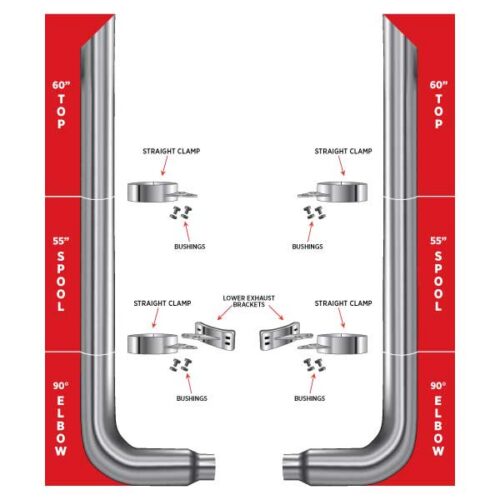 6″ Dia. Complete Mitered Exhaust Kit – 60″ Top Stacks | 55″ Middle Spools | 90° Elbows 6″ Reduced to 5″ Dia.