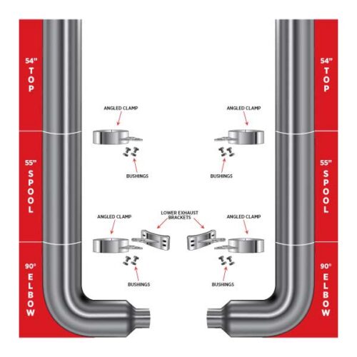 8″ Dia. Complete Flat Exhaust Kit – 54″ Top Stacks | 55″ Middle Spools | 90° Elbows 8″ Reduced to 5″ Dia.