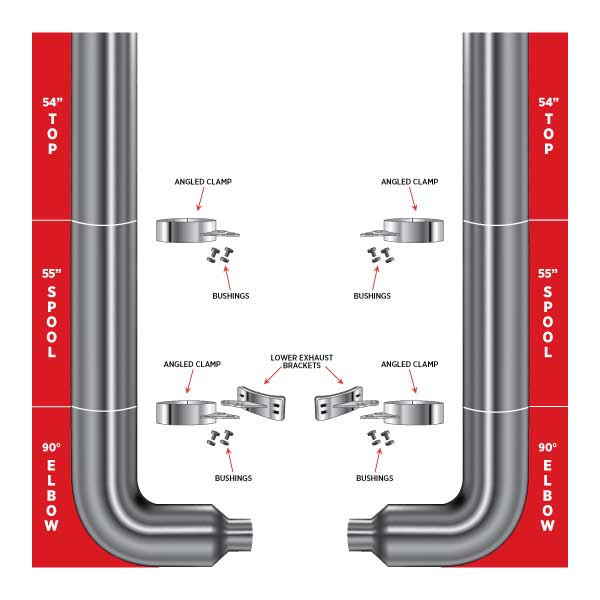 8″ Dia. Complete Flat Exhaust Kit – 54″ Top Stacks | 55″ Middle Spools | 90° Elbows 8″ Reduced to 5″ Dia.