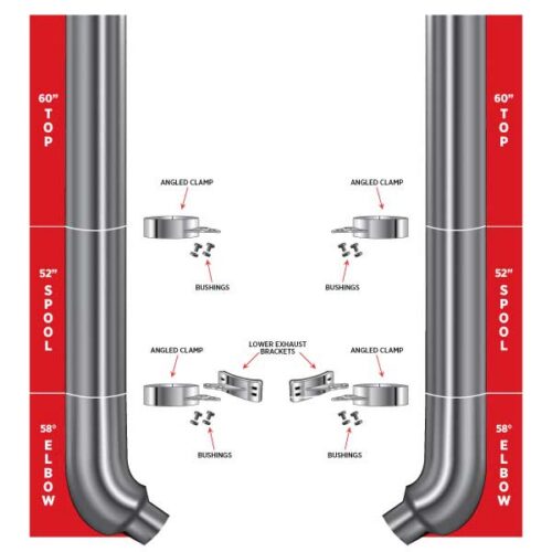 8″ Dia. Complete Flat Exhaust Kit – 60″ Top Stacks | 52″ Middle Spools | 58° Elbows 8″ Reduced to 5″ Dia.